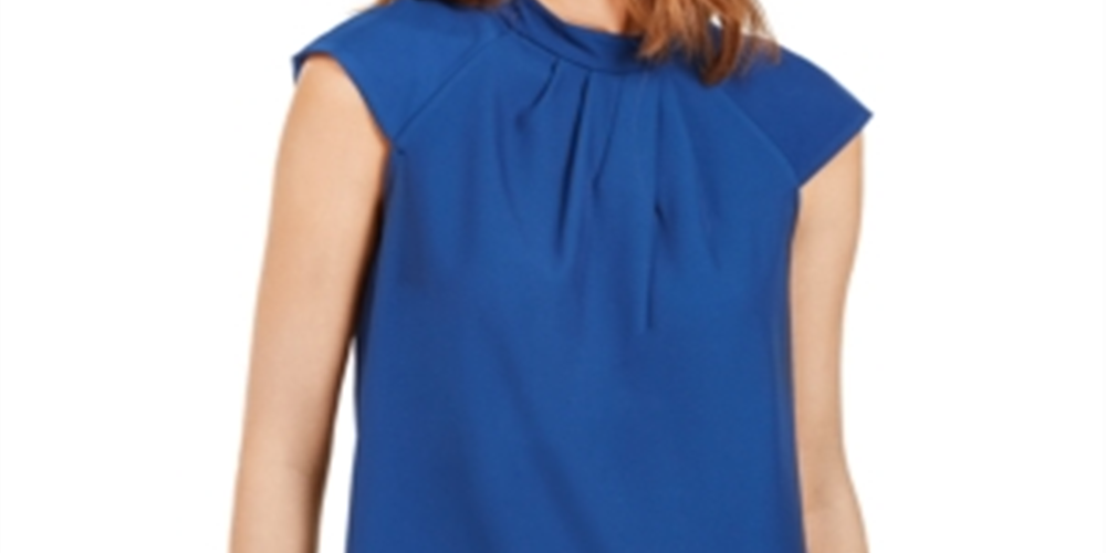 Blusa Calvin Klein Feminina Manga Curta Plissada Gola Simulada Azul Marinho Tamanho P
