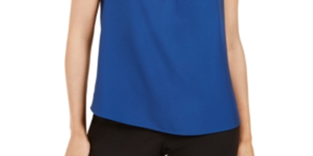Blusa Calvin Klein Feminina Manga Curta Plissada Gola Simulada Azul Marinho Tamanho P