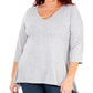 Blusa feminina plus size NY Collection, manga 3/4, decote em V, cinza, tamanho 1X