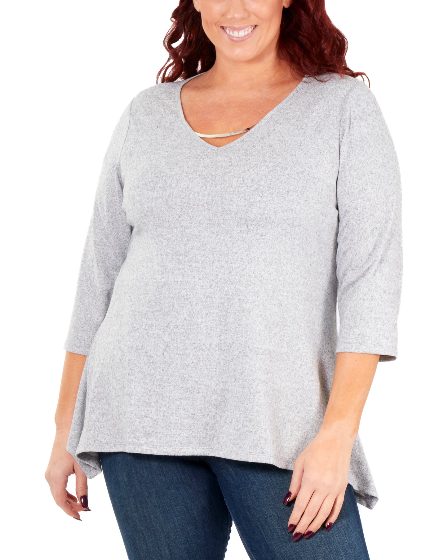 Blusa feminina plus size NY Collection, manga 3/4, decote em V, cinza, tamanho 1X