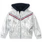 Jaqueta Tommy Hilfiger Big Girl com capuz metálico e acabamento em pele sintética, tamanho 12-14, prata