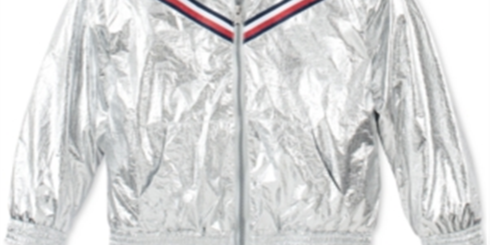 Jaqueta Tommy Hilfiger Big Girl com capuz metálico e acabamento em pele sintética, tamanho 12-14, prata