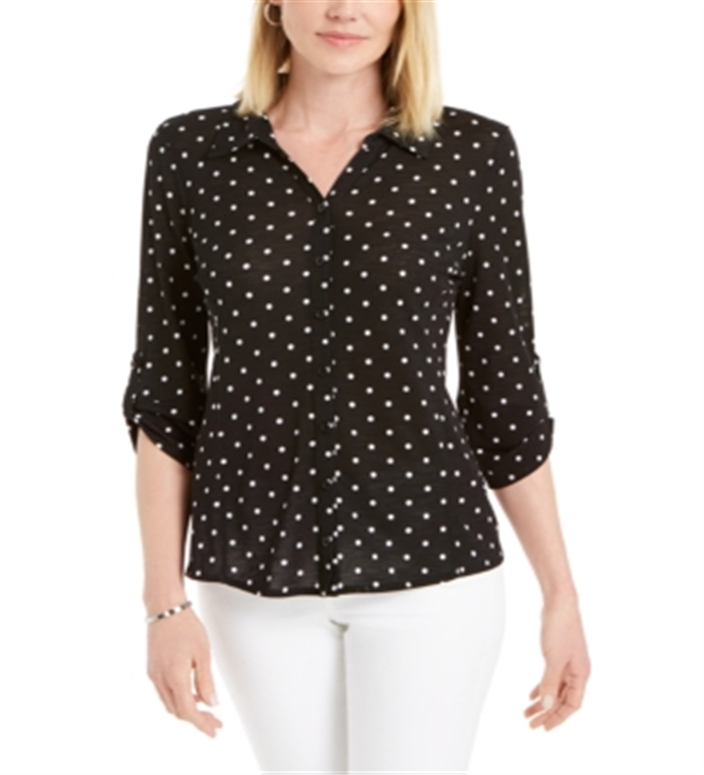 Camisa feminina Charter Club com estampa de bolinhas e botões, preta, tamanho grande