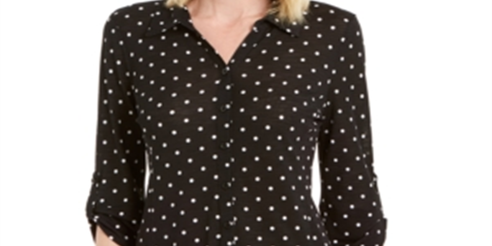 Camisa feminina Charter Club com estampa de bolinhas e botões, preta, tamanho grande