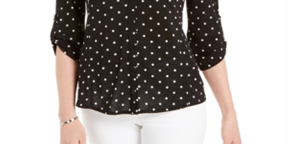 Camisa feminina Charter Club com estampa de bolinhas e botões, preta, tamanho grande