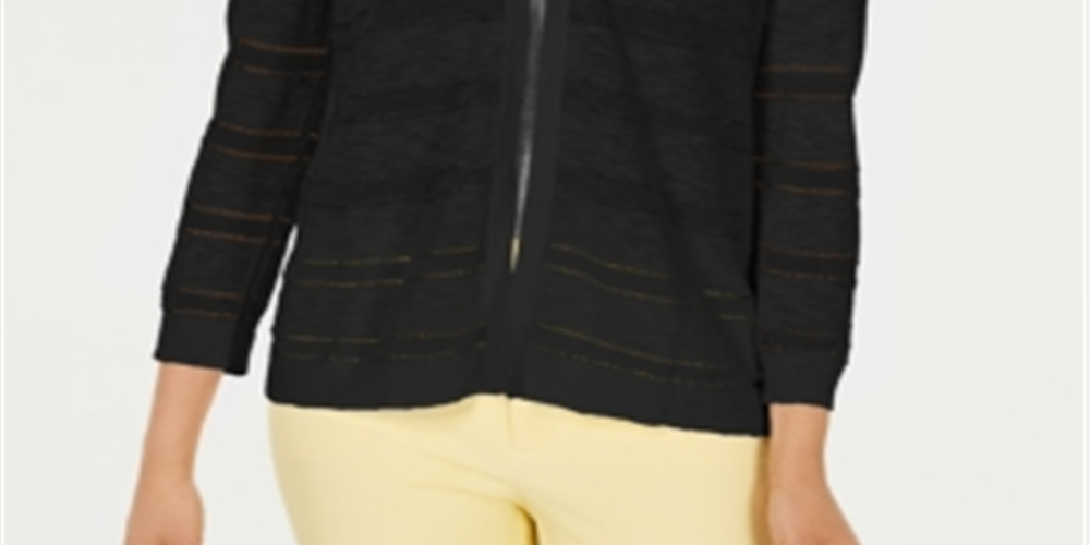 Cardigan feminino listrado Pointelle Charter Club, preto, tamanho extragrande