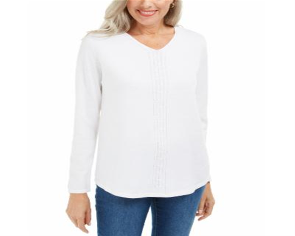 Karen Scott Suéter de malha de algodão trançado feminino, branco, tamanho extragrande