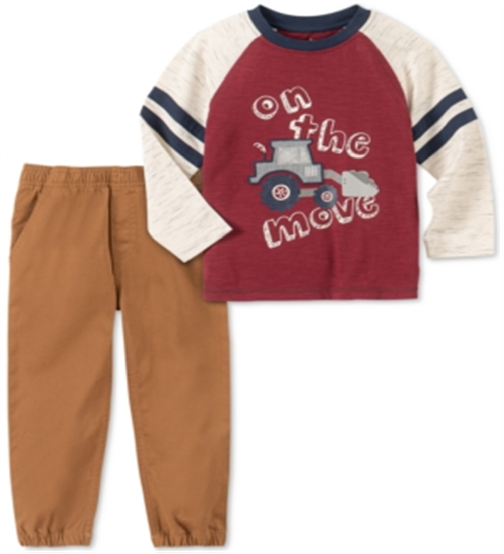 Conjunto de camiseta e calça jogger de sarja com apliques de bulldozer da Kids Headquarters para meninos, 2 peças, on the Move, marrom e cinza, tamanho 5