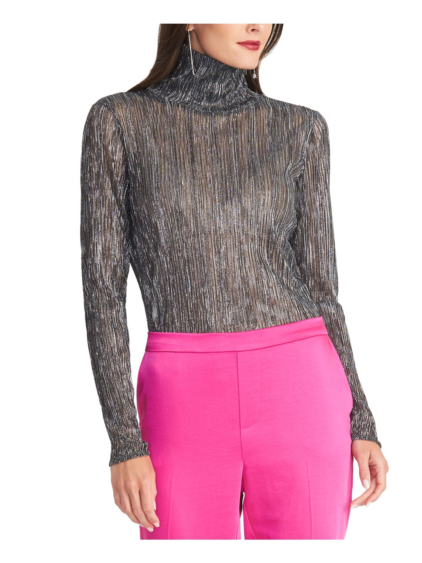Blusa feminina Rachel Roy com gola alta plissada metálica, tamanho pequeno, prata