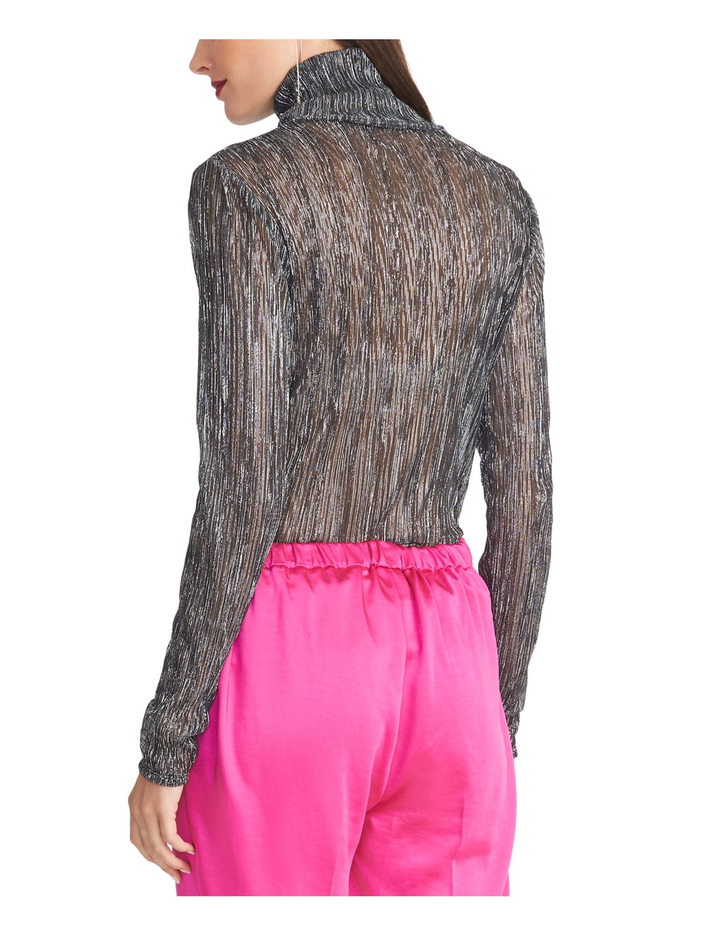 Blusa feminina Rachel Roy com gola alta plissada metálica, tamanho pequeno, prata