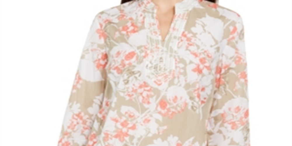 Túnica feminina Charter Club estampada e bordada em voile e linho, marrom, tamanho pequeno