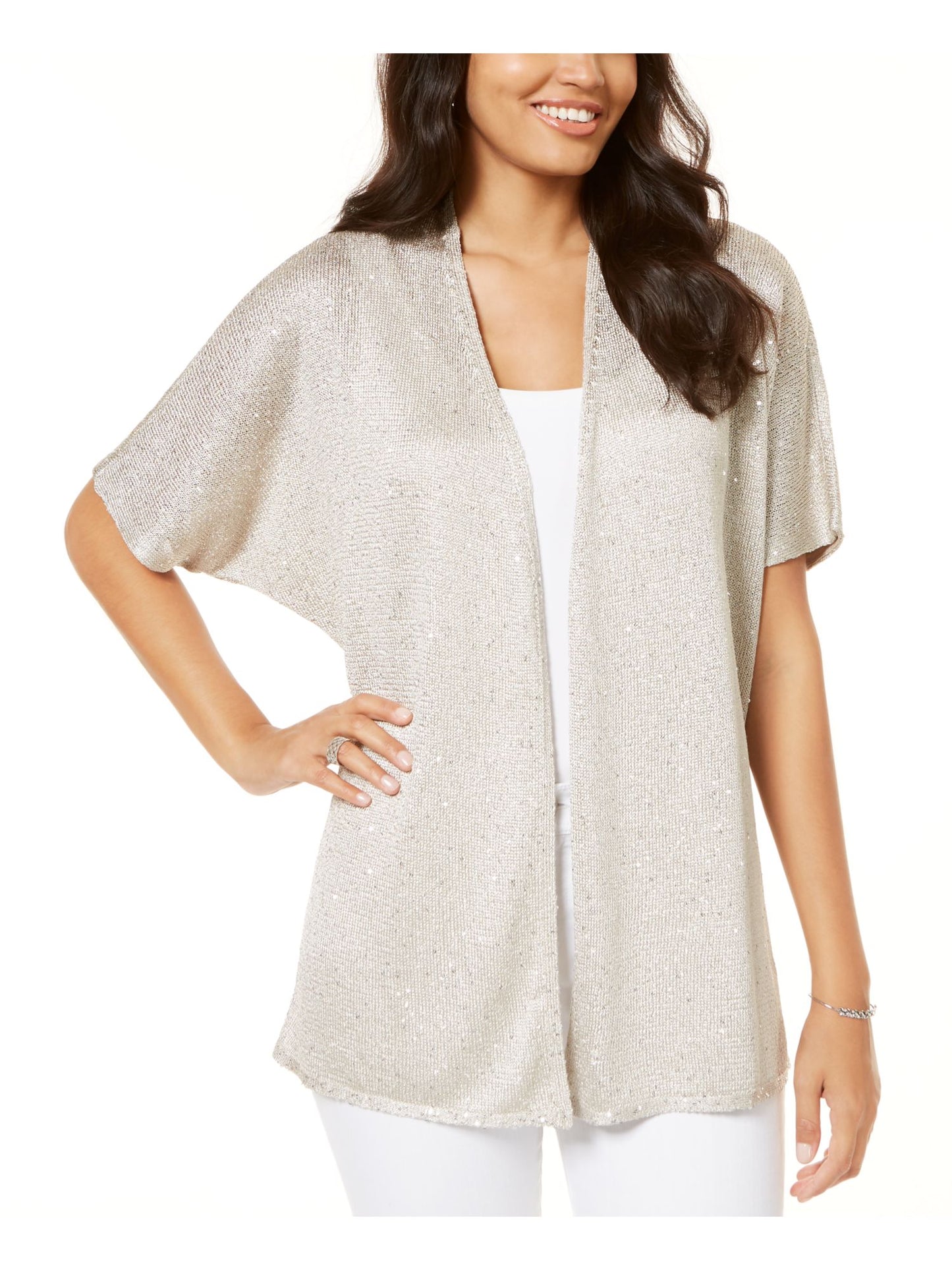 INC International Concepts Cardigan Feminino com Lantejoulas Tie Dye e Manga Curta Aberta, Dourado, Tamanho GG