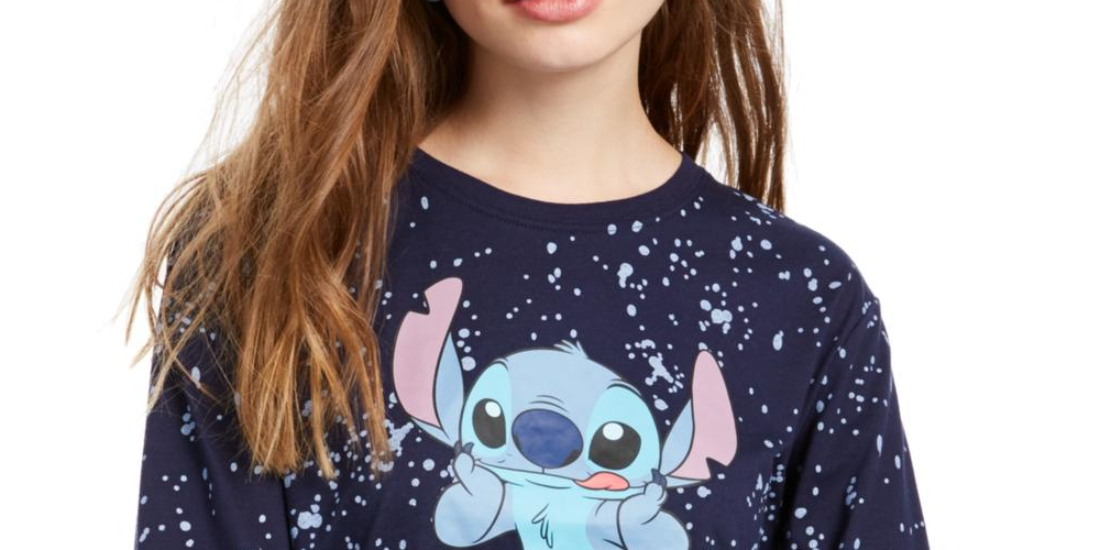 Camiseta estampada de gola redonda e manga comprida Stitch Splatter da Disney Junior, tamanho grande, azul