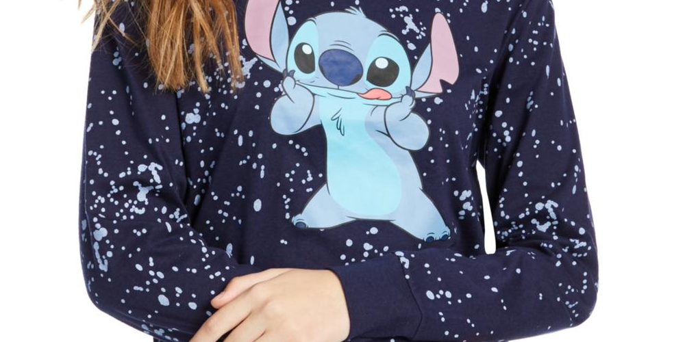 Camiseta estampada de gola redonda e manga comprida Stitch Splatter da Disney Junior, tamanho grande, azul