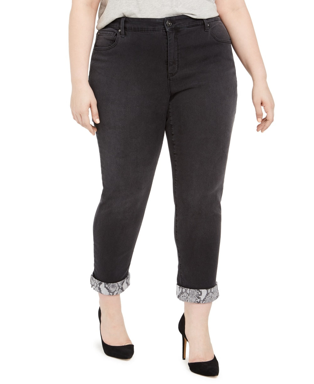 Calça jeans feminina plus size com punho de pele de cobra da INC International Concepts, preta, tamanho pequeno