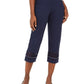 Calça capri feminina com tachas e acabamento em crochê JM Collection, azul, tamanho pequeno