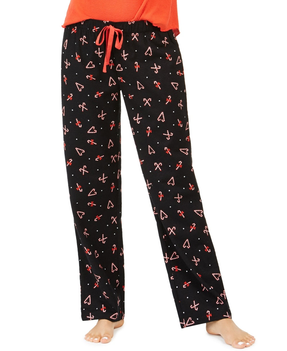 Calça de pijama feminina Jenni de flanela estampada em algodão, preta, tamanho P