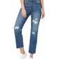 Calça jeans feminina Numero rasgada, cintura alta, bainha desfiada, azul, tamanho 31