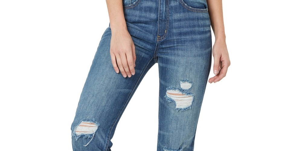 Calça jeans feminina Numero rasgada, cintura alta, bainha desfiada, azul, tamanho 31