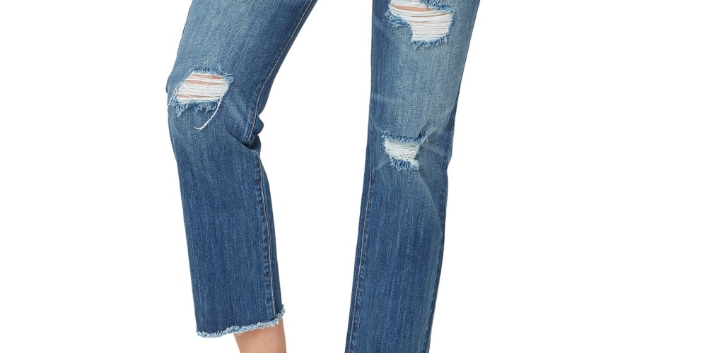 Calça jeans feminina Numero rasgada, cintura alta, bainha desfiada, azul, tamanho 31