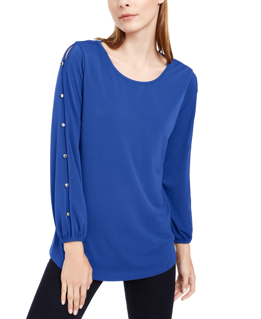 Blusa feminina NY Collection com mangas divididas, azul, tamanho pequeno e pequeno