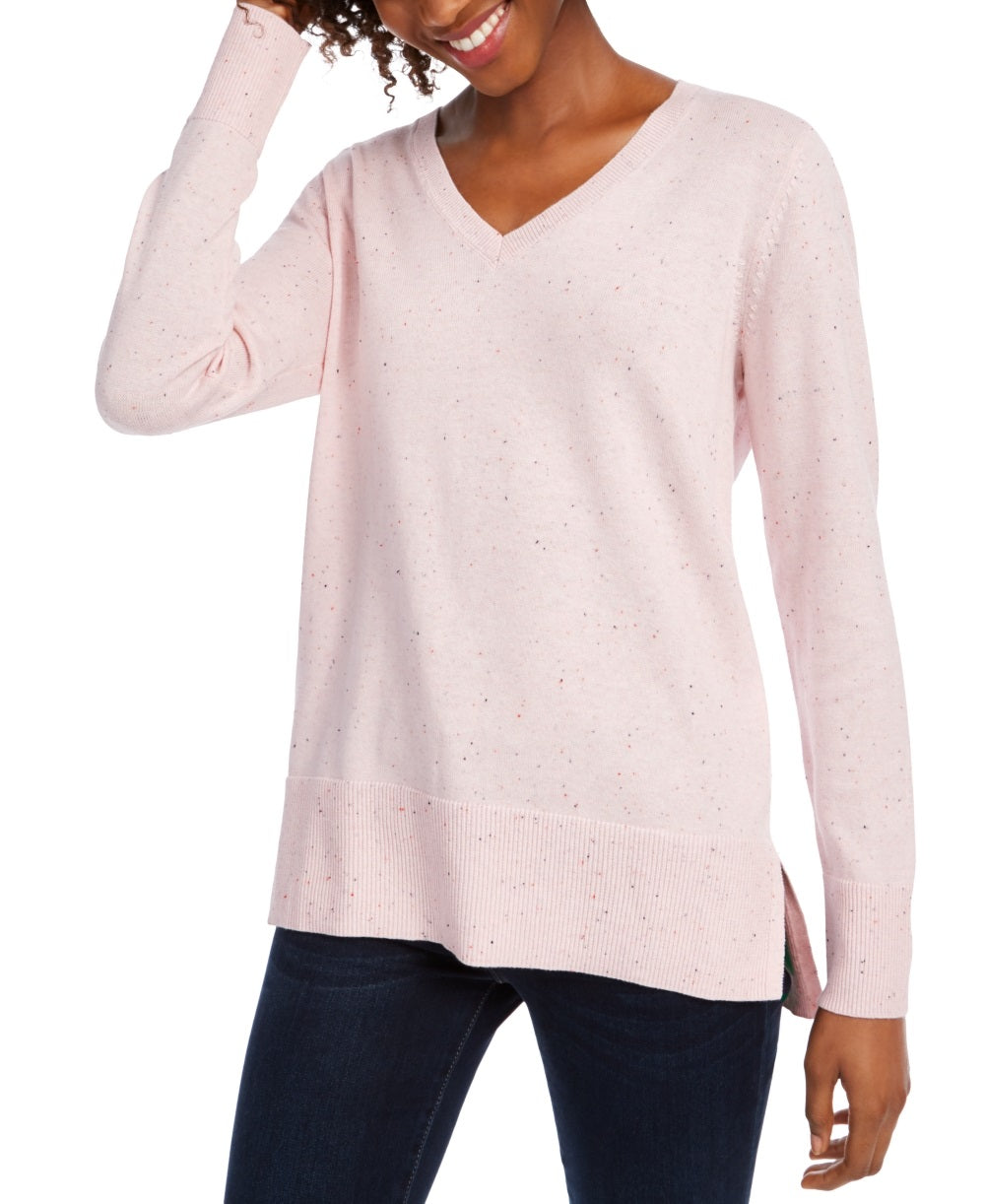 Suéter túnica feminino Maison Jules de algodão com decote em V, rosa, tamanho extrapequeno