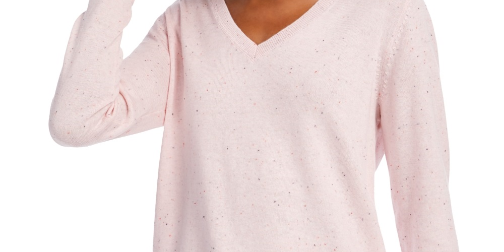 Suéter túnica feminino Maison Jules de algodão com decote em V, rosa, tamanho extrapequeno