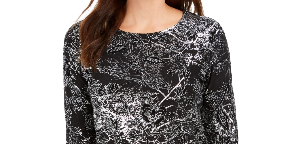 JM Collection Blusa Jaquard Feminina Manga 3/4 Gola Redonda Estampada Preta Tamanho Médio