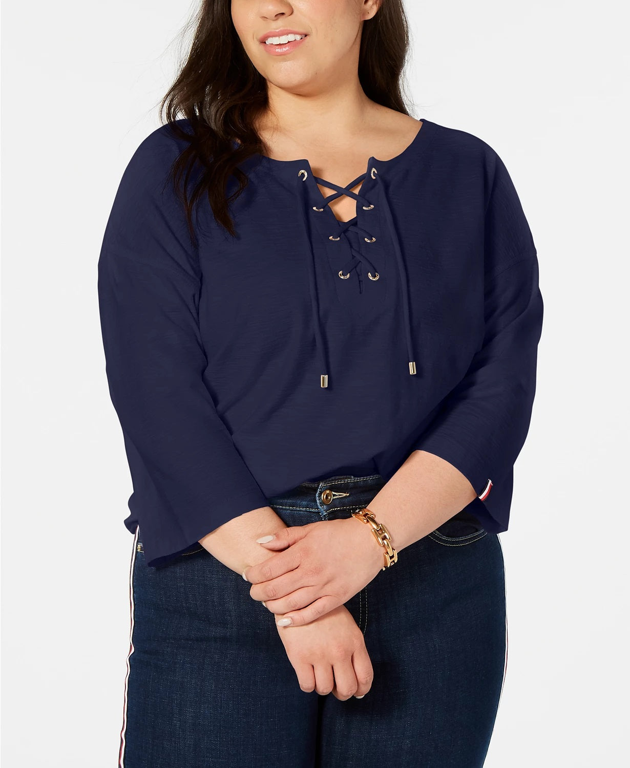Tommy Hilfiger Blusa Feminina com Amarração, Manga 3/4, Gola Joia, Azul, Tamanho 2X