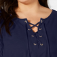 Tommy Hilfiger Blusa Feminina com Amarração, Manga 3/4, Gola Joia, Azul, Tamanho 2X