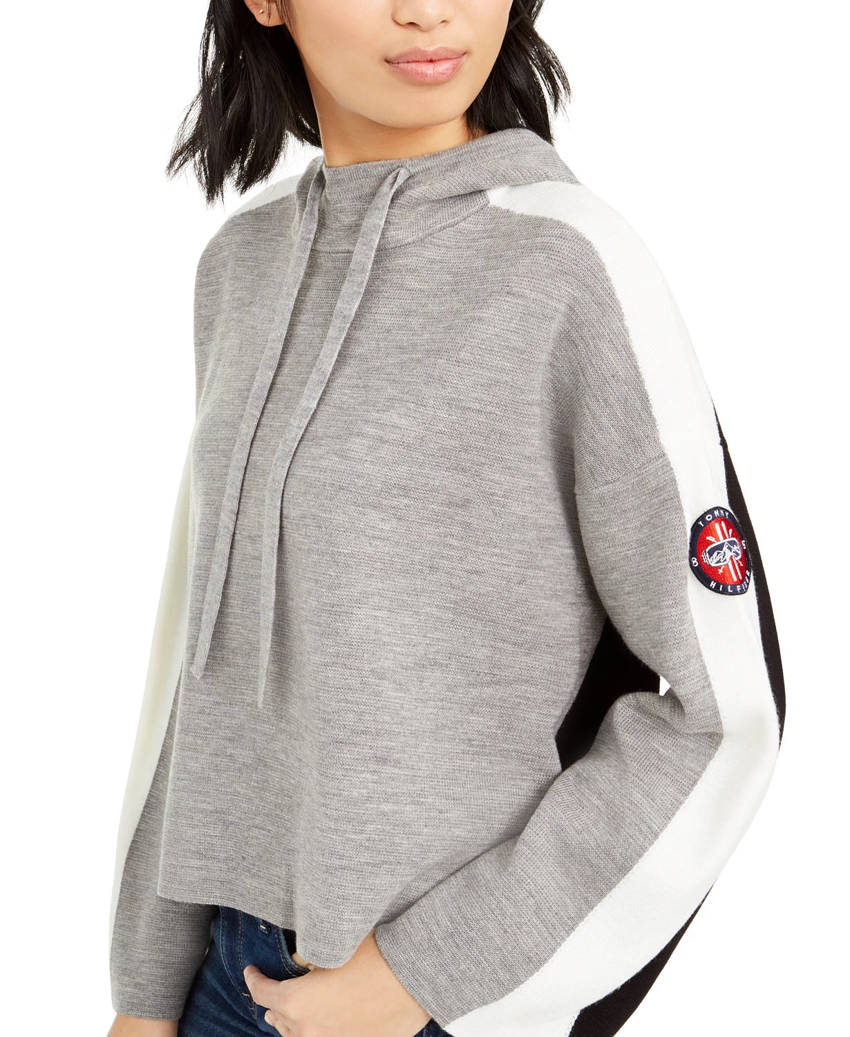 Tommy Hilfiger Blusa com capuz feminina, estampa texturizada, manga comprida, gola redonda, cinza, tamanho extragrande