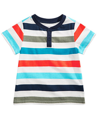 Camiseta Henley Listrada de Algodão para Bebês First Impressions, Branca, Tamanho 3-6M
