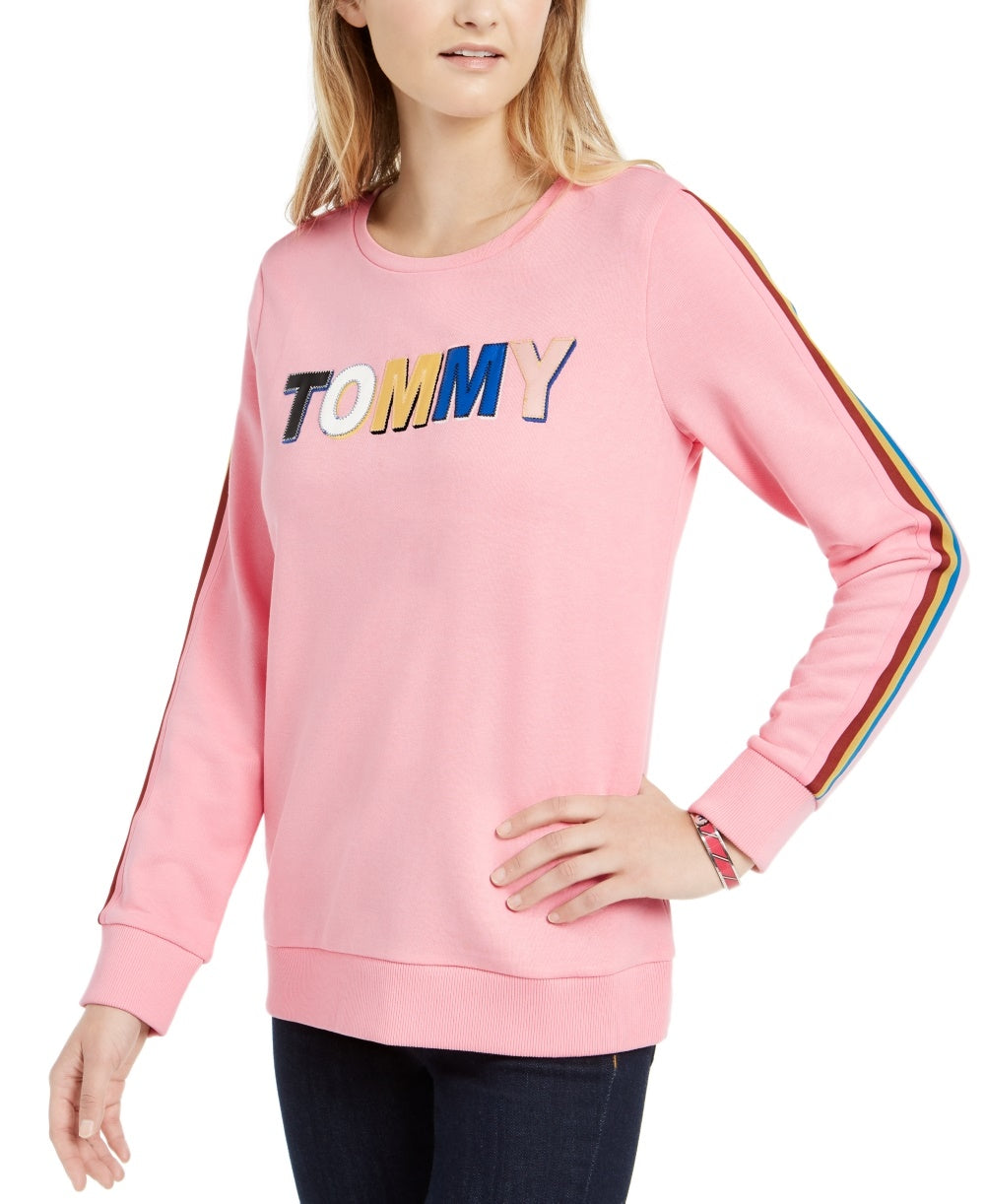 Tommy Hilfiger Moletom feminino com logo multicolorido rosa tamanho grande