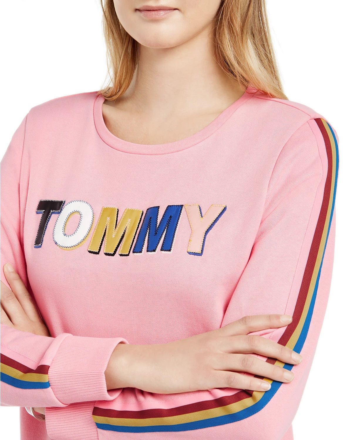 Tommy Hilfiger Moletom feminino com logo multicolorido rosa tamanho grande