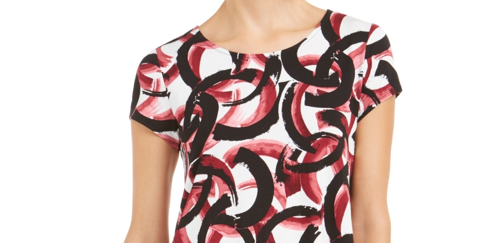 Camiseta feminina Alfani estampada com bainha redonda, vermelha, tamanho pequeno pequeno