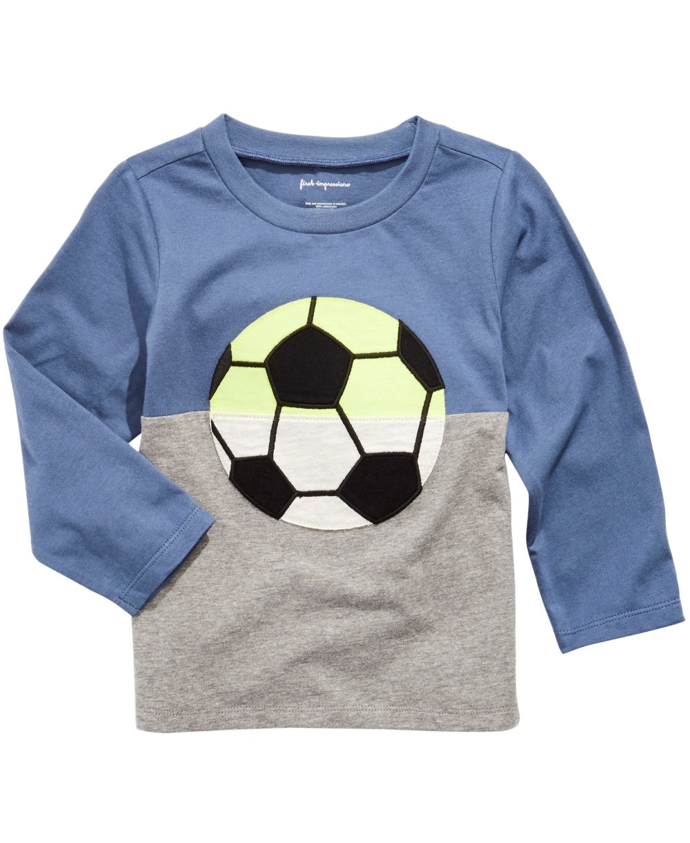 Camiseta infantil First Impressions para meninos com estampa de futebol e blocos de cores, azul médio, tamanho 3T REG