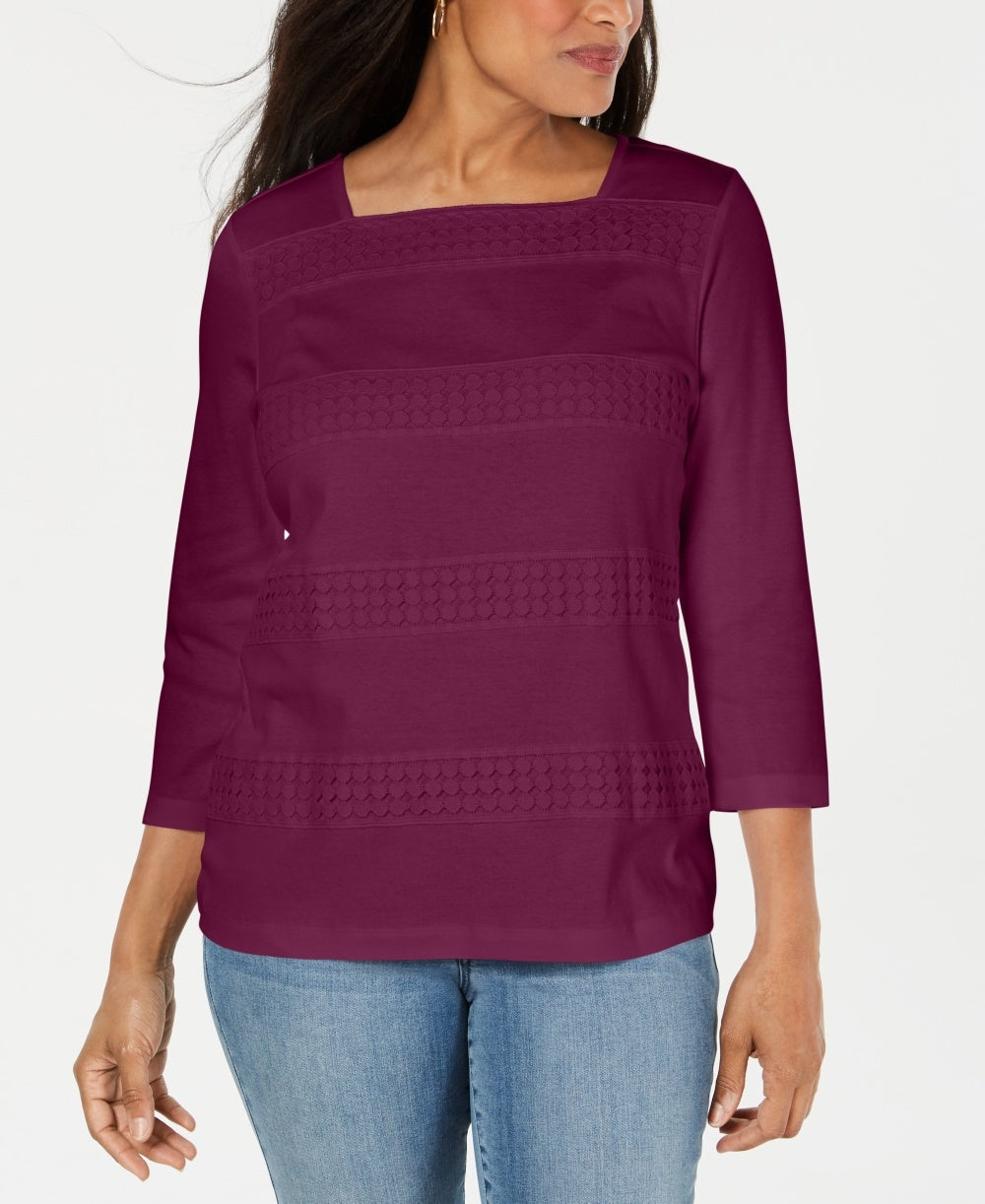 Karen Scott Blusa feminina listrada com decote quadrado e renda, roxa, tamanho extragrande