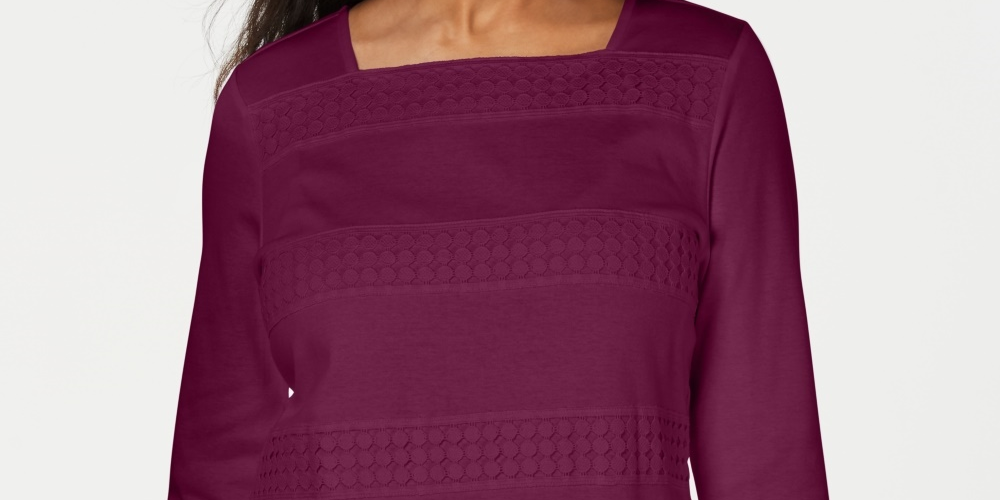 Karen Scott Blusa feminina listrada com decote quadrado e renda, roxa, tamanho extragrande