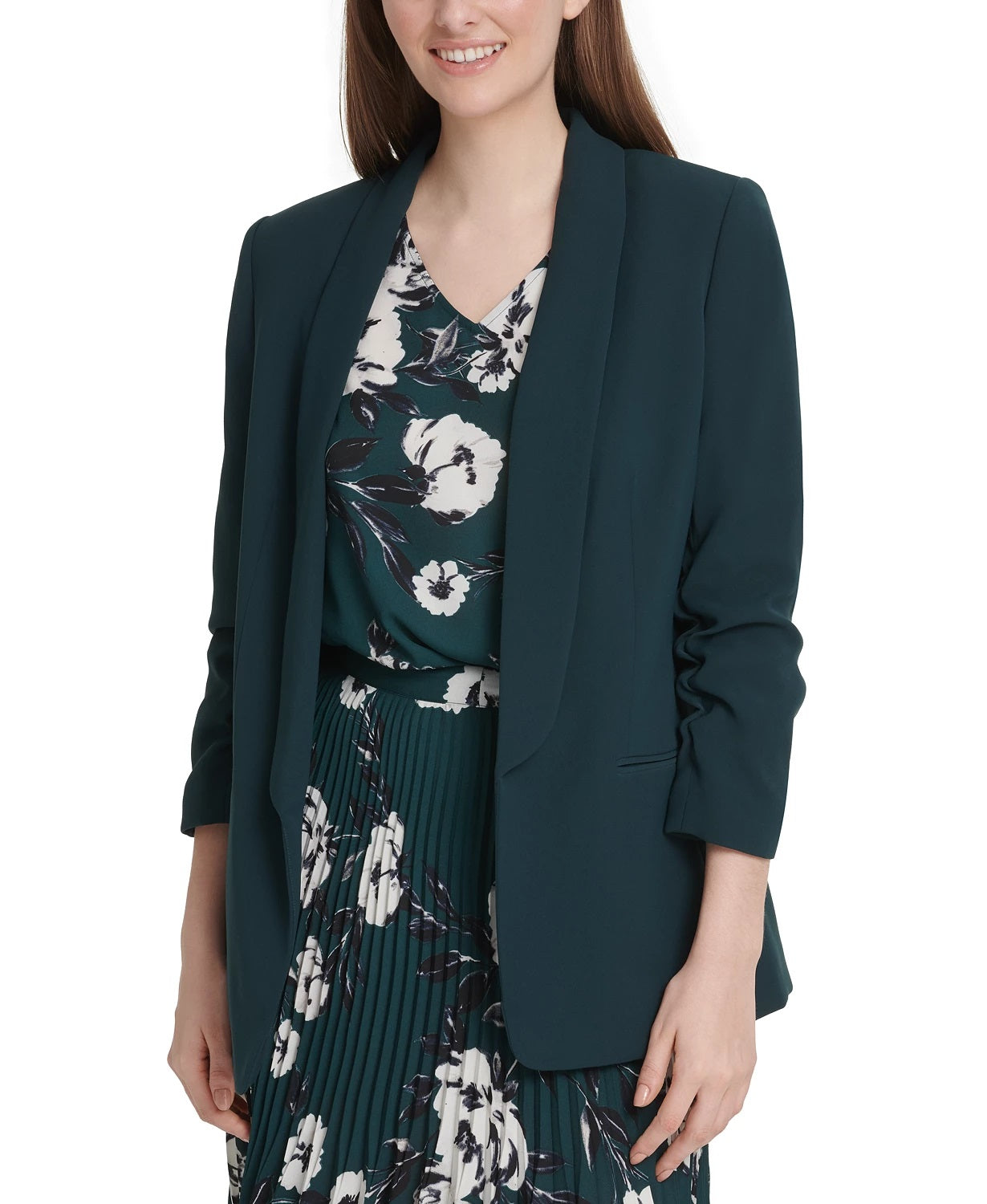 Blazer feminino Dkny com manga franzida e frente aberta, verde, tamanho 16