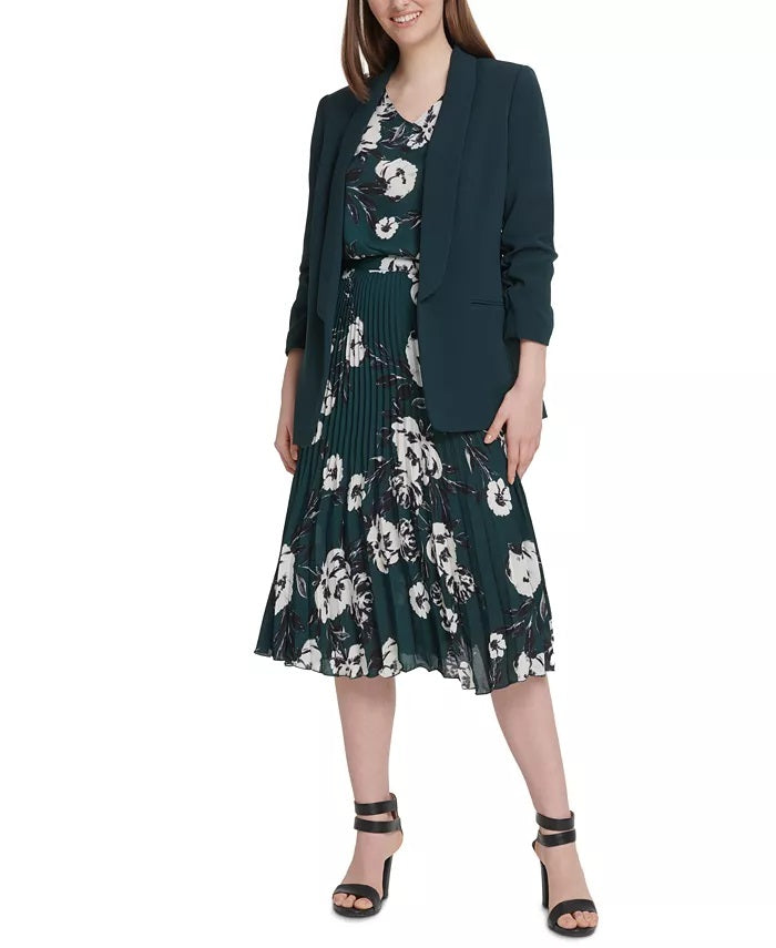 Blazer feminino Dkny com manga franzida e frente aberta, verde, tamanho 16