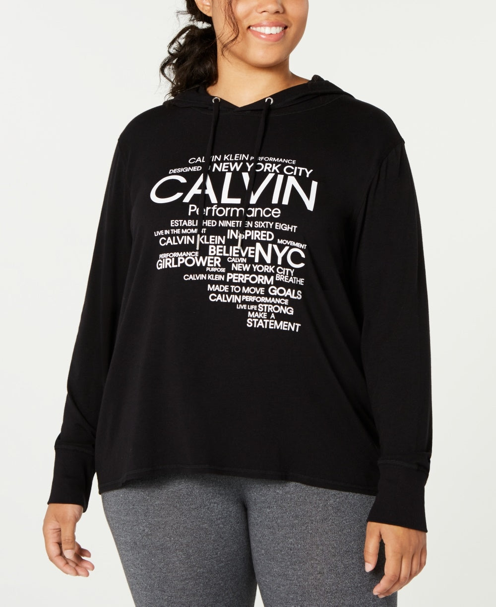 Camiseta Calvin Klein Feminina Performance Plus Size com Capuz e Logotipo, Preta, Tamanho 1X