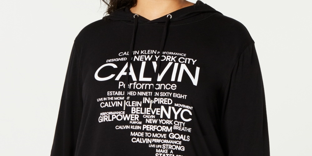Camiseta Calvin Klein Feminina Performance Plus Size com Capuz e Logotipo, Preta, Tamanho 1X