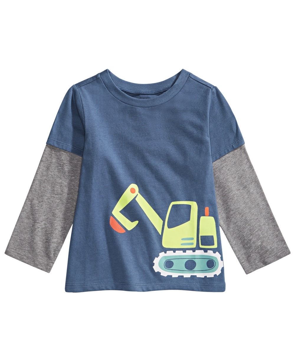 Camiseta infantil First Impressions com estampa de trator e camadas, azul, tamanho 12 meses