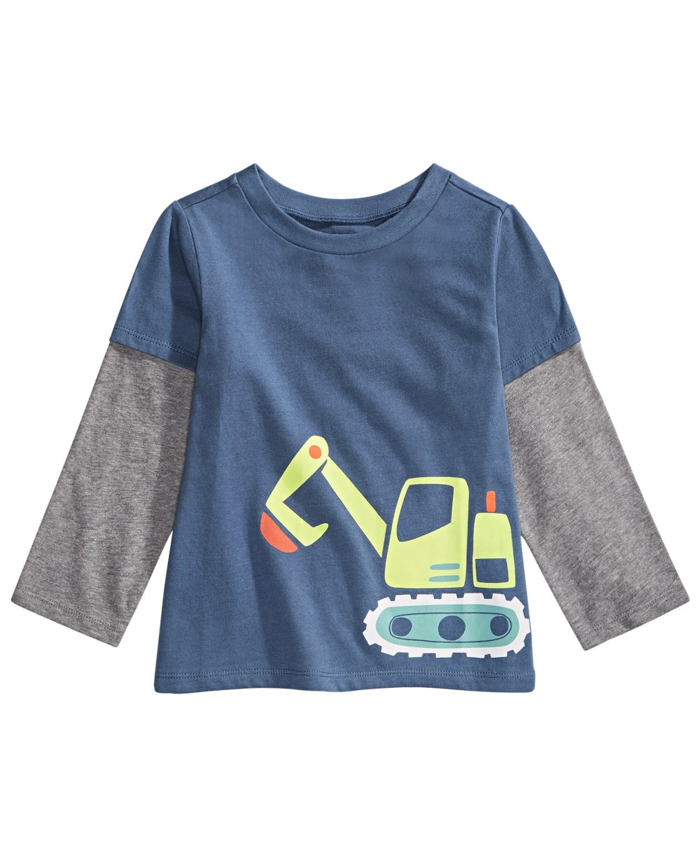 Camiseta infantil First Impressions para meninos com estampa de trator e aparência em camadas, azul médio, tamanho 3-6 meses
