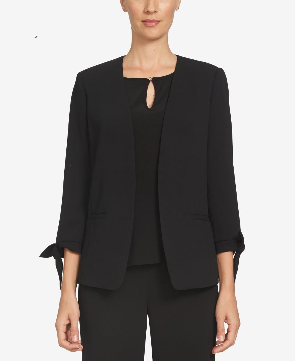 Blazer feminino CeCe com frente aberta e mangas amarradas, preto, tamanho 0