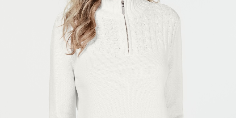 Karen Scott Suéter Feminino de Algodão com Zíper e Gola Alta Branco Tamanho XXG