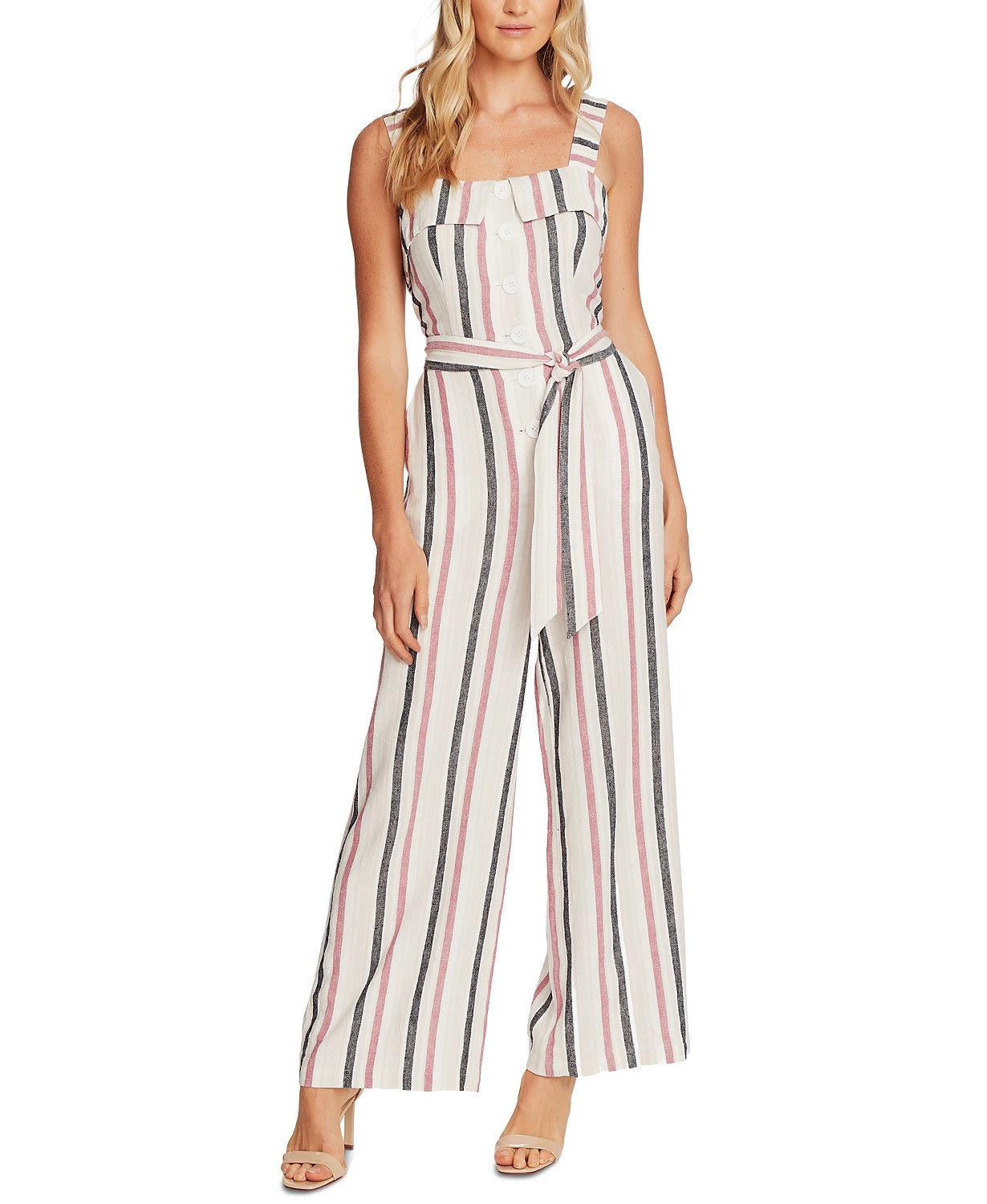 Macacão feminino Vince Camuto Canyon Stripe sem mangas em mistura de linho rosa tamanho médio