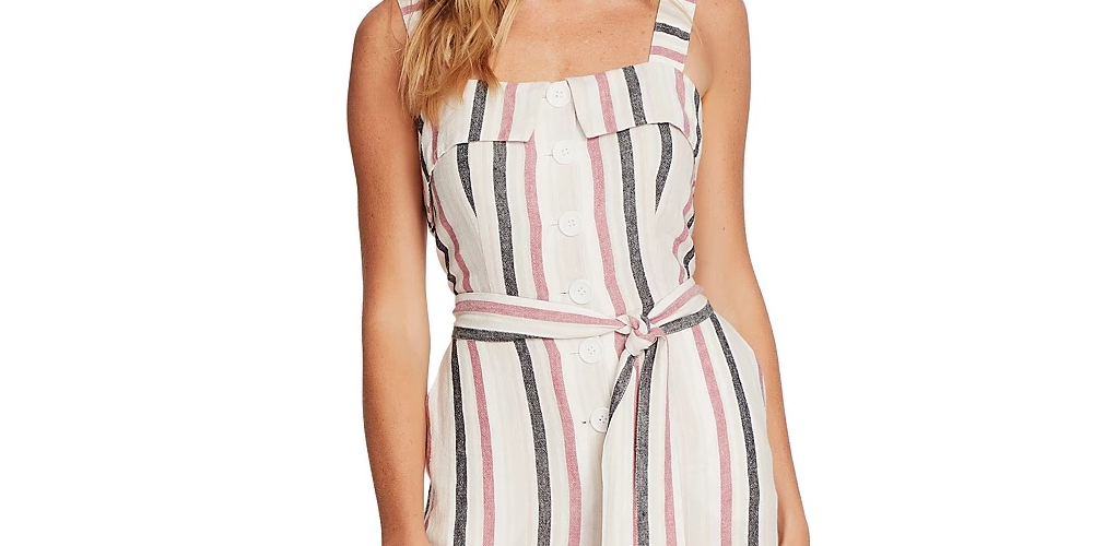 Macacão feminino Vince Camuto Canyon Stripe sem mangas em mistura de linho rosa tamanho médio