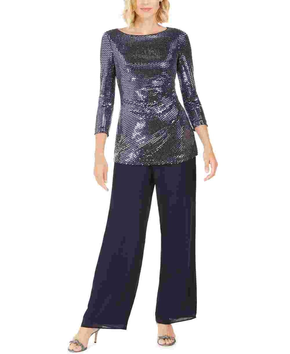 Jessica Howard Blusa feminina com lantejoulas e manga 3/4, gola redonda, azul, tamanho 14