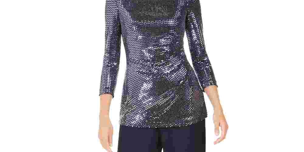 Jessica Howard Blusa feminina com lantejoulas e manga 3/4, gola redonda, azul, tamanho 14